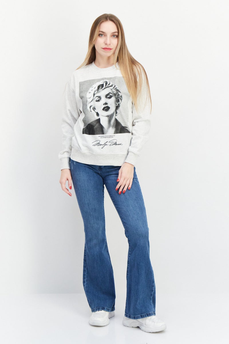 Marilyn Monroe Women Crew Neck Printed Long Sleeve Sweatshirts, Light Grey Melange - Image 2
