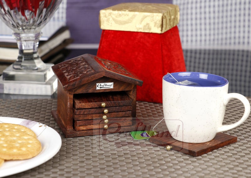 Craftland Wooden Handcrafted (Carved) hut Shaped Coaster Set of 6 for Kitchen/Dining Table Decorative Item for Table/Home - Image 5