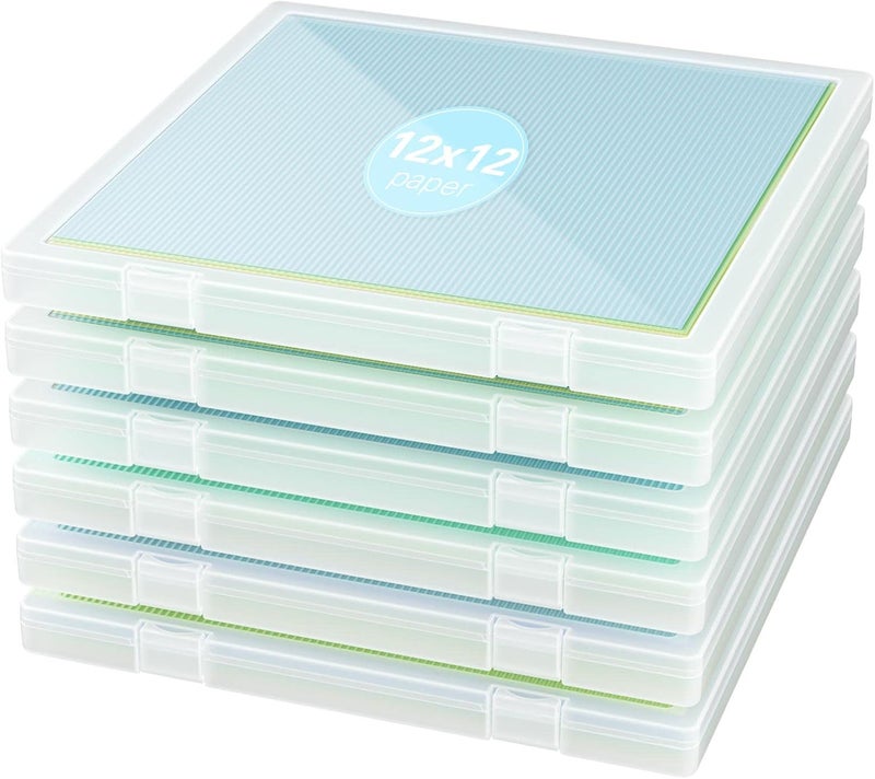 Denkee 12 x 12 Paper Storage, 6 Pack Scrapbook Storage Box for 12" x 12" Paper, Plastic Portable Project Case, Slim Cardstock Craft Paper Protector Box (12.4 x 12.8 x 1.1 in) - Image 1