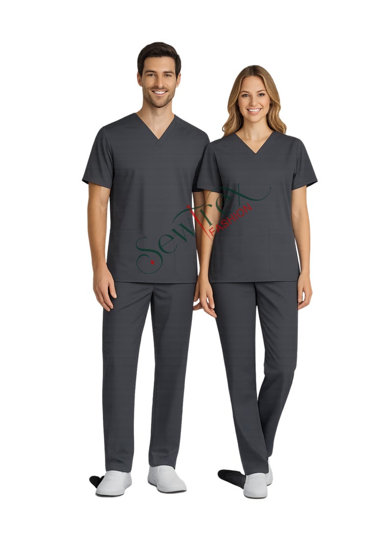 Sewtrex Fashion Scrub Suite | Stretchable Fabric  DARK GRAY  | V Neck | Without piping - Image 1