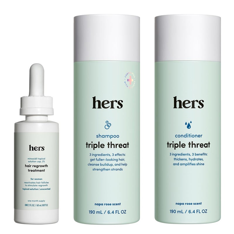 HIMS & HERS hers Triple Threat Shampoo Conditioner and 2 Minoxidil Set Biotin Saw Palmetto Pumpkin Seed Oil Supports Hair Regrowth for Women ColorSafe ParabenFree Napa Rose Scent 3 Count - Image 2