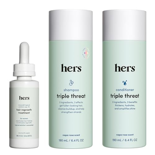 HIMS & HERS hers Triple Threat Shampoo Conditioner and 2 Minoxidil Set Biotin Saw Palmetto Pumpkin Seed Oil Supports Hair Regrowth for Women ColorSafe ParabenFree Napa Rose Scent 3 Count - Image 1