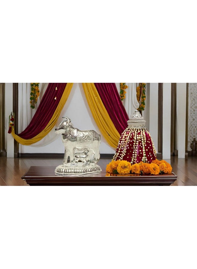 Vail Creations Vail Creation German Silver Kamdhenu Cow and Calf Idol Decoration for Pooja Room Gift Worship Office Home Decor Items | Silver Cow and Calf Statue - Image 3