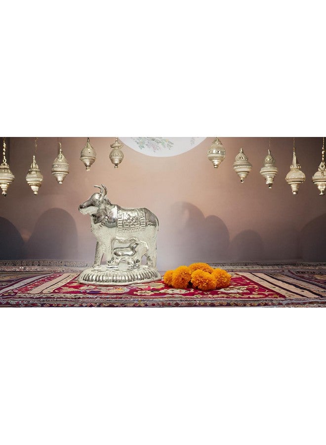 Vail Creations Vail Creation German Silver Kamdhenu Cow and Calf Idol Decoration for Pooja Room Gift Worship Office Home Decor Items | Silver Cow and Calf Statue - Image 4