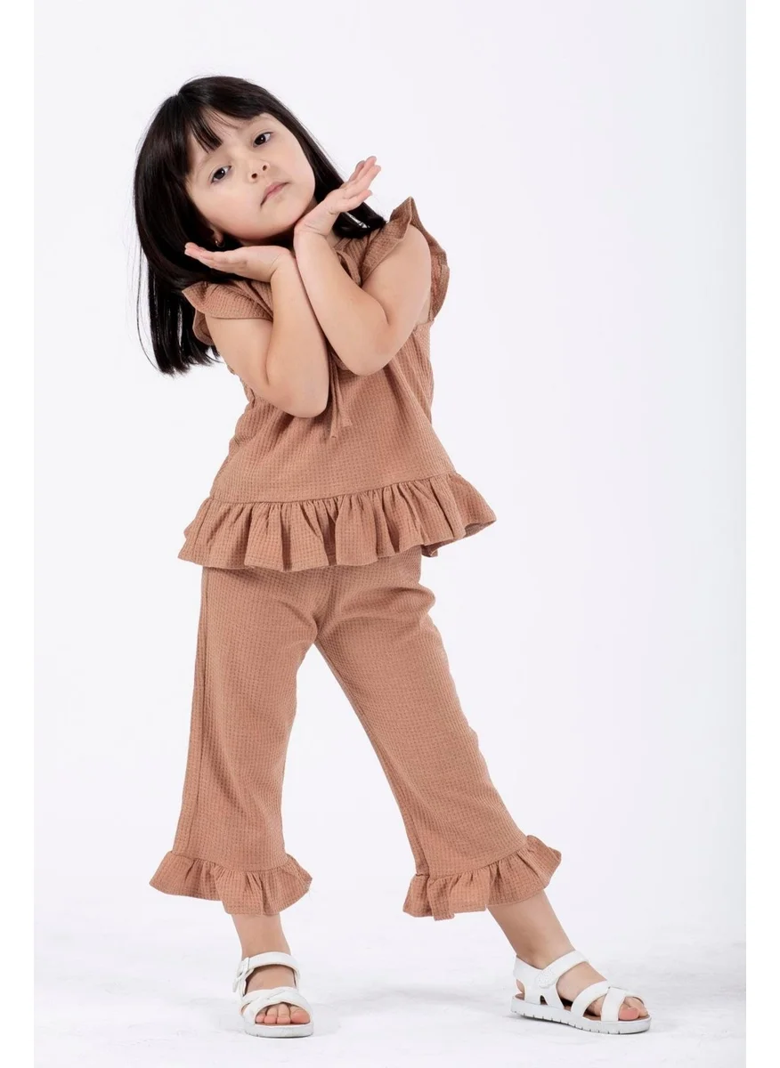 Zepkids Crew Neck Short Sleeve Waffle Frilled Double Breasted Suit Brown Color Girl's Double Suit