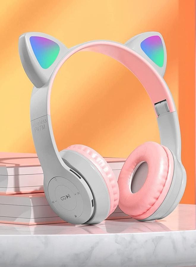 P47 Wireless Gaming Headset, Bluetooth 5.0 Cat Ear Headphones, Kids Headphones,LED Light Up Bluetooth Over Ear Headphones for Kids and Adults Wearing (Grey) - Image 2