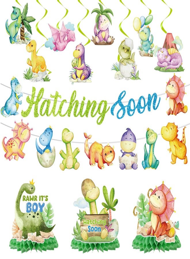 Refavor Dinosaur Baby Shower Decorations, No-DIY Hatching Soon Banners Baby Shower Decorations Boys, Cartoon Dinosaur Hanging Swirls Honeycomb Centerpieces Party Decor - Image 1