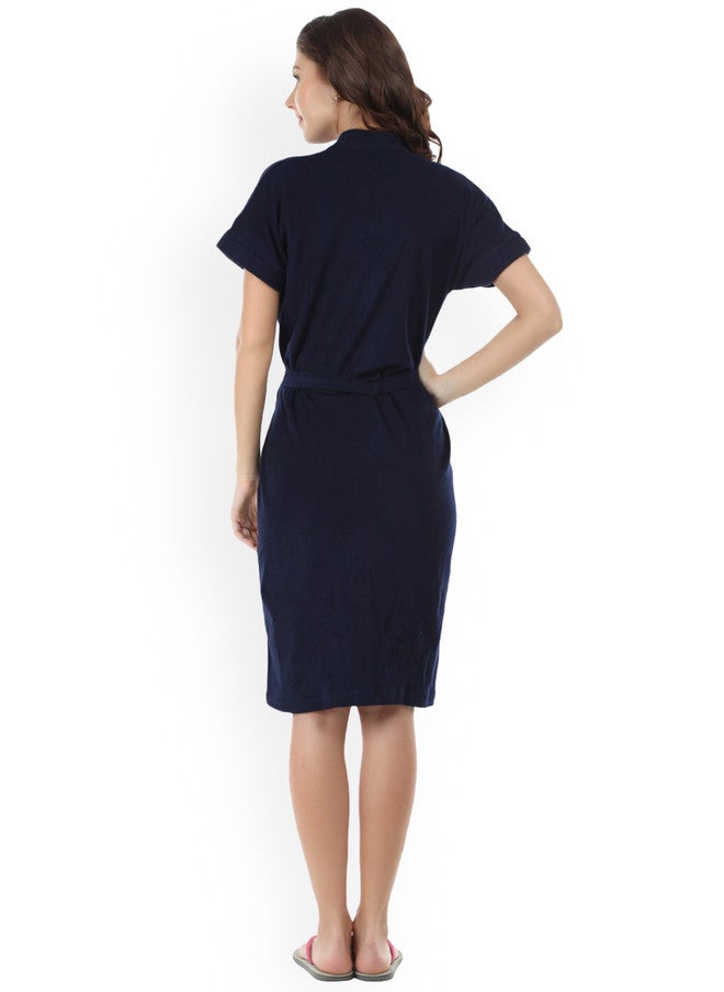 Red Rose RedRose Navy Blue Solid Cotton Drawstring Knee Length Bath Robe - XL - Image 4