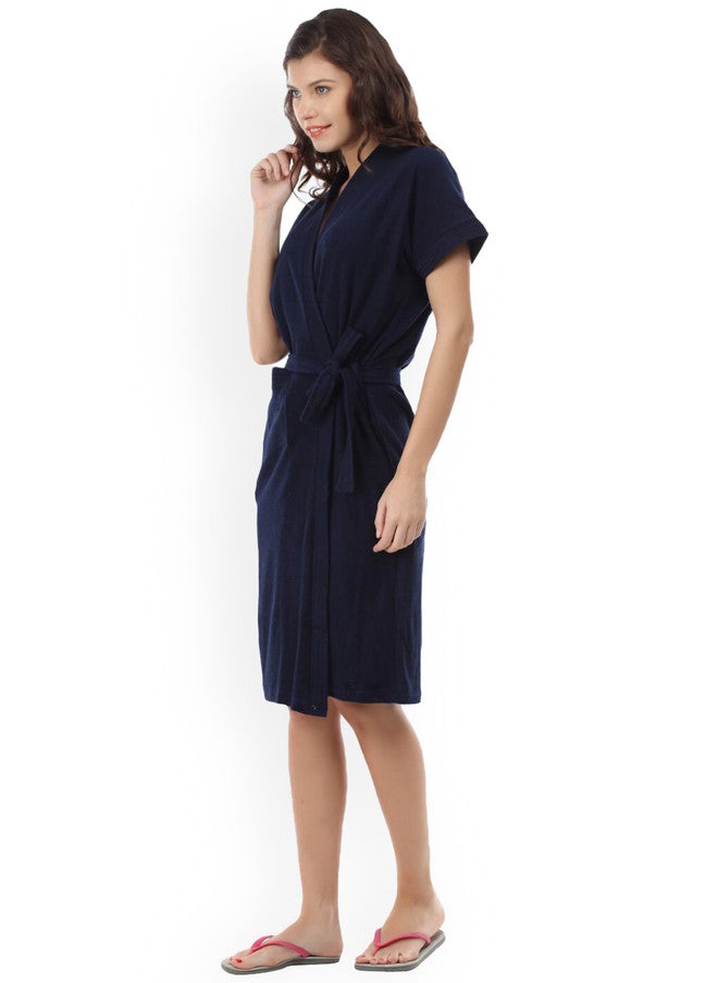 Red Rose RedRose Navy Blue Solid Cotton Drawstring Knee Length Bath Robe - XL - Image 5