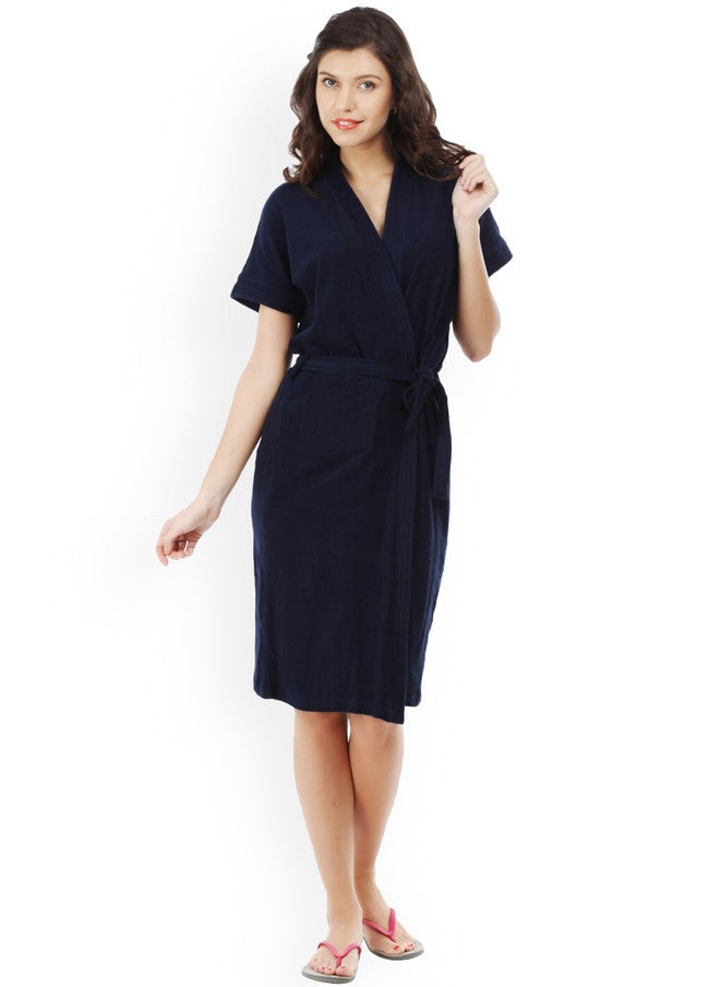 Red Rose RedRose Navy Blue Solid Cotton Drawstring Knee Length Bath Robe - XL - Image 1