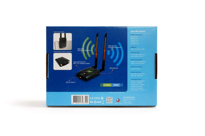 ALFA Network ã€نسخة جديدة نوع-C واي فاي USBã€‘ ALFA AWUS036ACH محول واي فاي لاسلكي مزدوج النطاق AC1200 مع 2x هوائيات خارجية 5dBi - 2.4GHz 300Mbps/5GHz 867Mbps - 802.11ac و A و B و G و N - Image 4