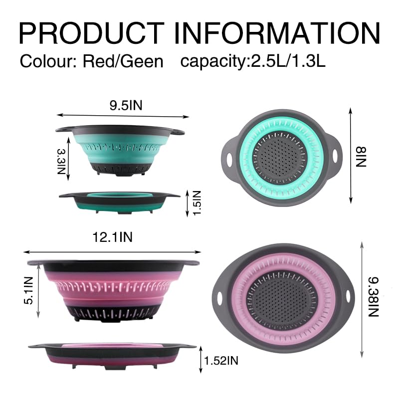 Fglmctsh Collapsible Colander Set, Square Round Triangles Silicone Kitchen Strainer Perfect for Draining Pasta Vegetable fruit 2 PCS (Green & Red, 12"L x 9.5"W x 2.3"H) - Image 2