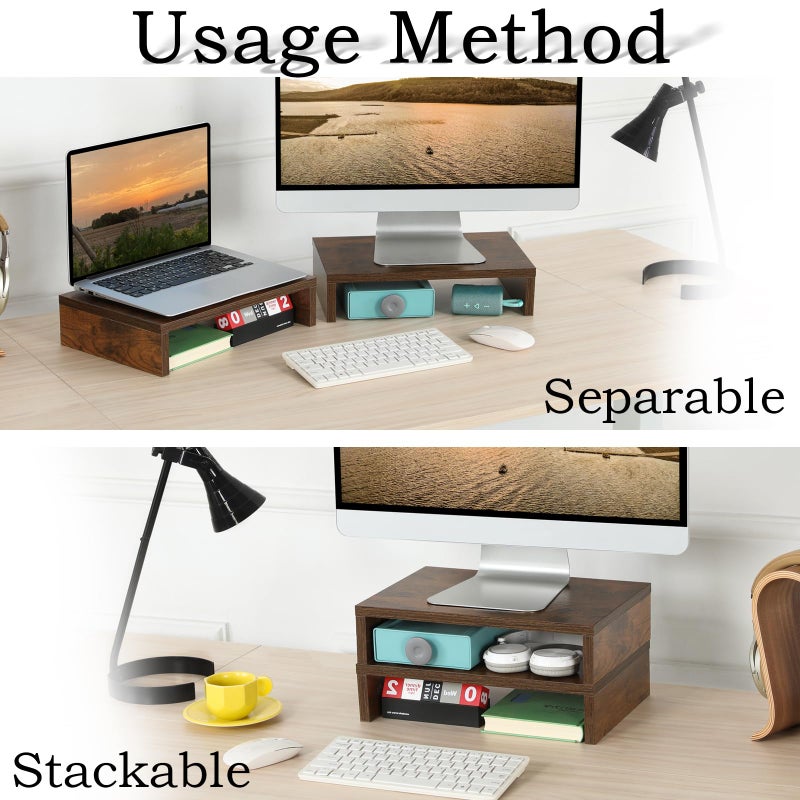 TEAMIX Monitor Riser - 2 Pack, Rustic Brown Wood Adjustable Stand for 2 Monitors/Laptop/PC - Image 2