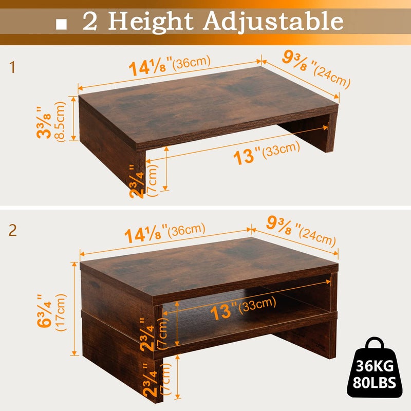 TEAMIX Monitor Riser - 2 Pack, Rustic Brown Wood Adjustable Stand for 2 Monitors/Laptop/PC - Image 4