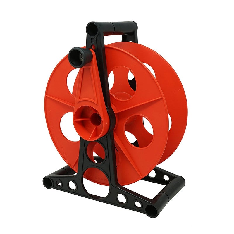 Woods Extension Cord Storage Reel - Holds Up to 150 Feet of 16/3 or 125 Feet of 14/3 Gauge Cord - Tangle-Free Design for Indoor or Outdoor Use - Side-Mounted Crank - Red & Black - Image 1