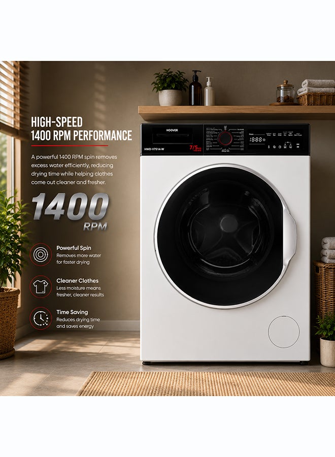 هوفر غسالة ومجفف HWD-V7514-W سعة 7/5 كجم، 1400 دورة في الدقيقة، 15 برنامج، لوحة تحكم دوارة ولمسية، حماية من الفيضانات والرغوة، أسطوانة من الفولاذ المقاوم للصدأ، صنع في تركيا، ضمان لمدة سنة، أبيض - Image 5
