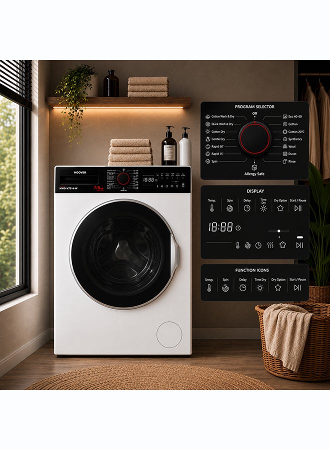 هوفر غسالة ومجفف HWD-V7514-W سعة 7/5 كجم، 1400 دورة في الدقيقة، 15 برنامج، لوحة تحكم دوارة ولمسية، حماية من الفيضانات والرغوة، أسطوانة من الفولاذ المقاوم للصدأ، صنع في تركيا، ضمان لمدة سنة، أبيض - Image 4