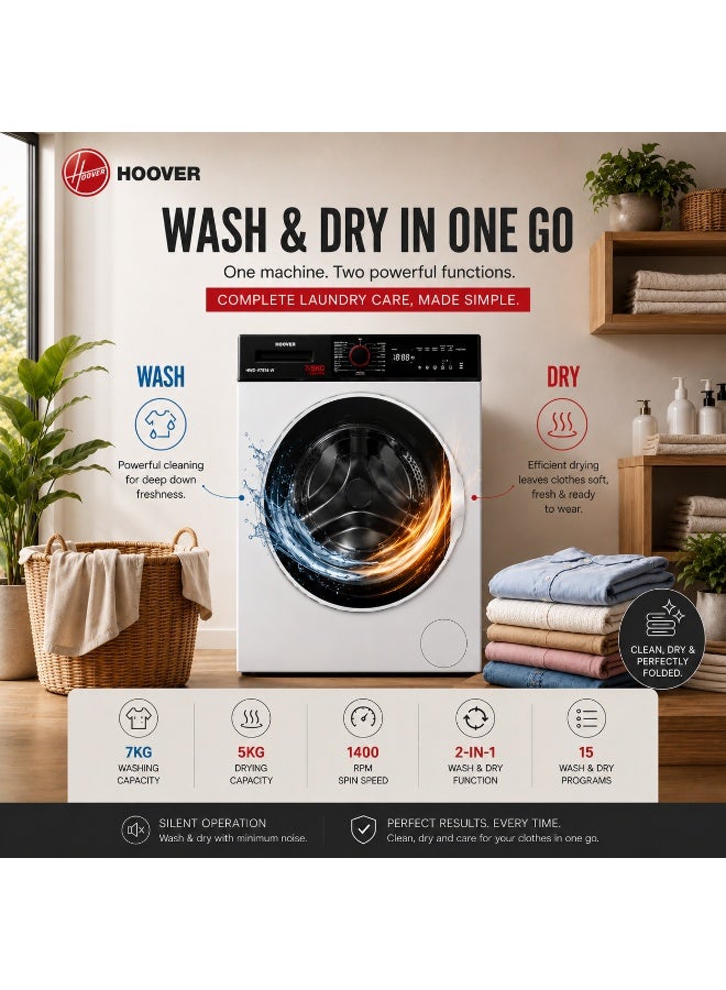 Hoover-HWD-V7514-W 7/5Kg Front Loading Washer Dryer, 1400 RPM, 15 Programs,Knob & Touch Control Panel, Overflow & Foam Protection, Stainless Steel Drum, Made in Turkey, 1 Year Warranty, White 7 kg 2200 W HWD-V7514-W White - Image 3