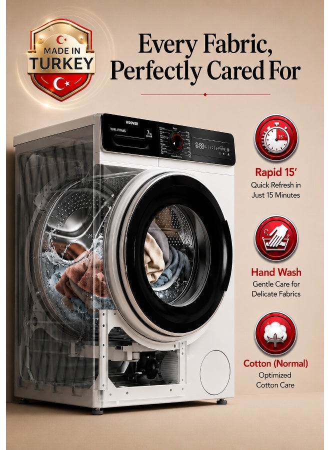Hoover-HWD-V7514-W 7/5Kg Front Loading Washer Dryer, 1400 RPM, 15 Programs,Knob & Touch Control Panel, Overflow & Foam Protection, Stainless Steel Drum, Made in Turkey, 1 Year Warranty, White 7 kg 2200 W HWD-V7514-W White - Image 2