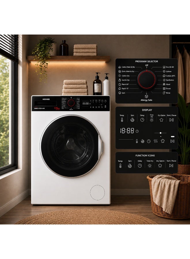 Hoover-HWD-V7514-W 7/5Kg Front Loading Washer Dryer, 1400 RPM, 15 Programs,Knob & Touch Control Panel, Overflow & Foam Protection, Stainless Steel Drum, Made in Turkey, 1 Year Warranty, White 7 kg 2200 W HWD-V7514-W White - Image 5