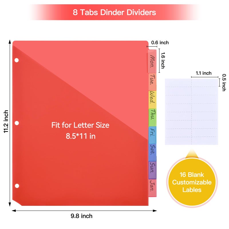 SUIN 8-Tab Insertable Binder Dividers with Double Pockets - Translucent Plastic Page Separators for 3 Ring Binder, Front & Back Storage, Durable Poly, Letter Size, Rainbow Colors, 12-Pack - Image 2