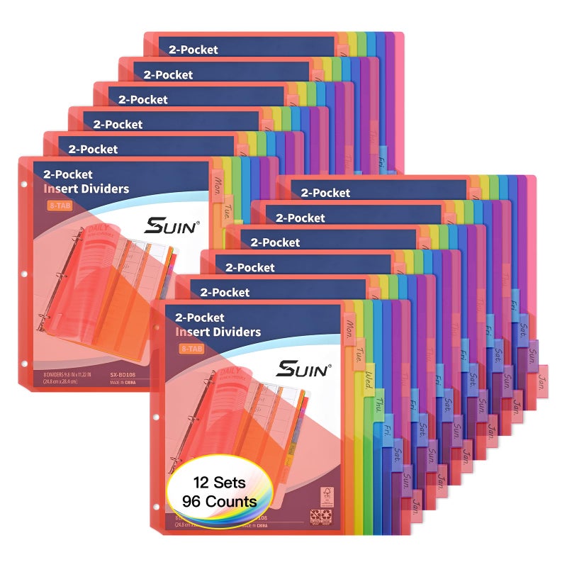 SUIN 8-Tab Insertable Binder Dividers with Double Pockets - Translucent Plastic Page Separators for 3 Ring Binder, Front & Back Storage, Durable Poly, Letter Size, Rainbow Colors, 12-Pack - Image 1