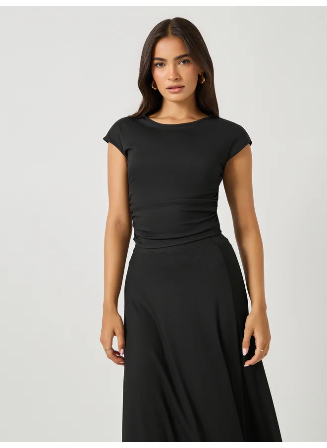Styli Styli Ribbed Short Sleeve Fitted Top and A-Line Skirt Co-Ords