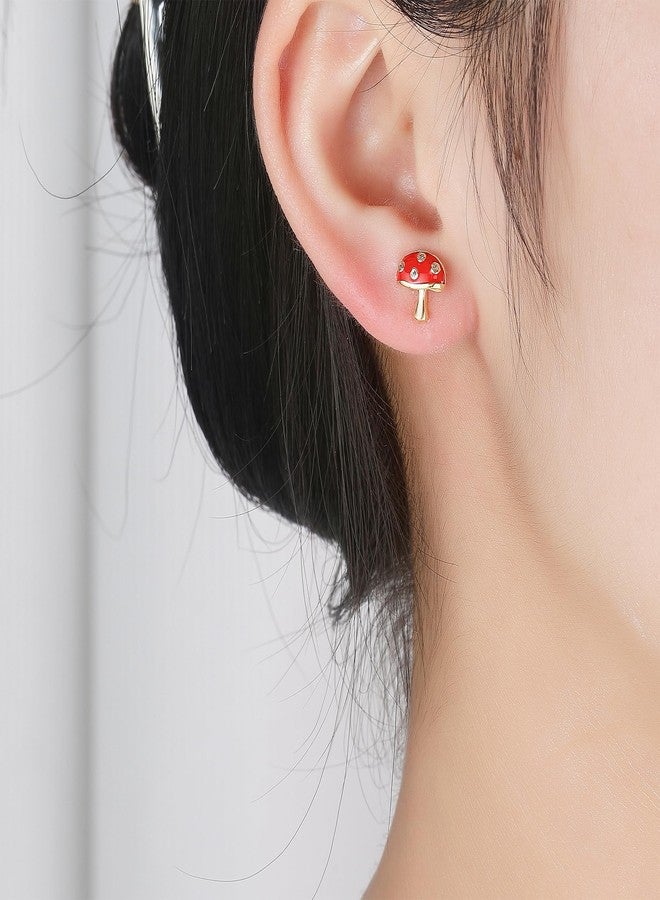 Hanreshe Mushroom Screw Back Earrings 14K Gold Plated Hypoallergenic Mushroom Crystal Stud Earrings - Image 2