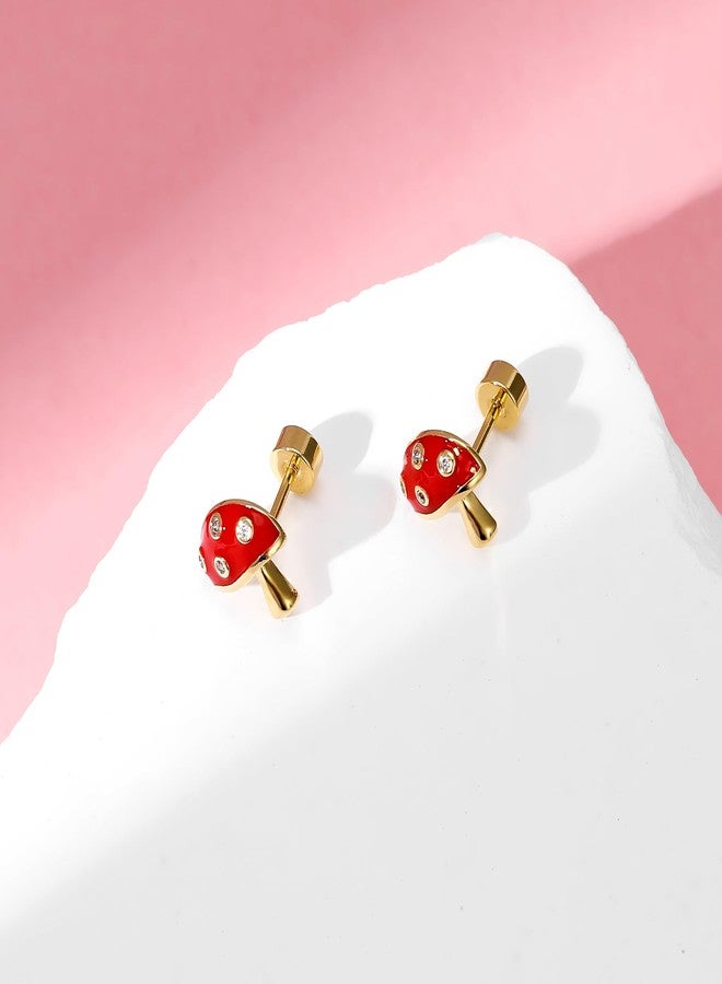 Hanreshe Mushroom Screw Back Earrings 14K Gold Plated Hypoallergenic Mushroom Crystal Stud Earrings - Image 4