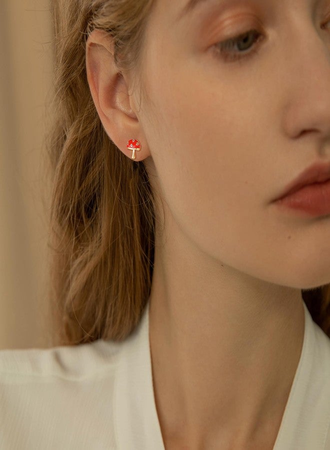 Hanreshe Mushroom Screw Back Earrings 14K Gold Plated Hypoallergenic Mushroom Crystal Stud Earrings - Image 3
