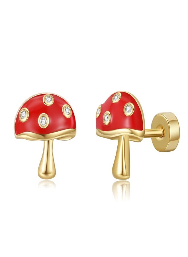 Hanreshe Mushroom Screw Back Earrings 14K Gold Plated Hypoallergenic Mushroom Crystal Stud Earrings - Image 1