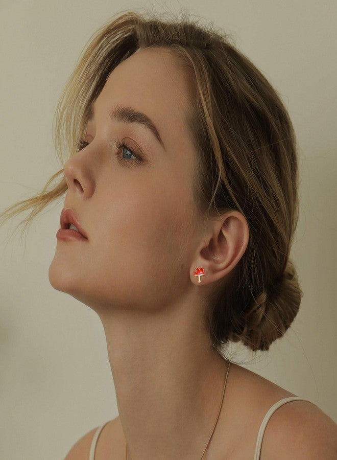 Hanreshe Mushroom Screw Back Earrings 14K Gold Plated Hypoallergenic Mushroom Crystal Stud Earrings - Image 5