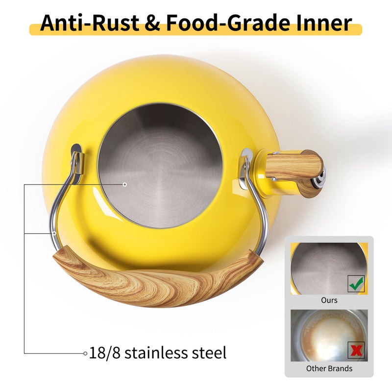 LONFFERY Tea Kettle, 2.5 Quart Whistling Tea Kettle, Tea Pots for Stove Top Food Grade Stainless Steel with Wood Pattern Folding Handle - Yellow - Image 2