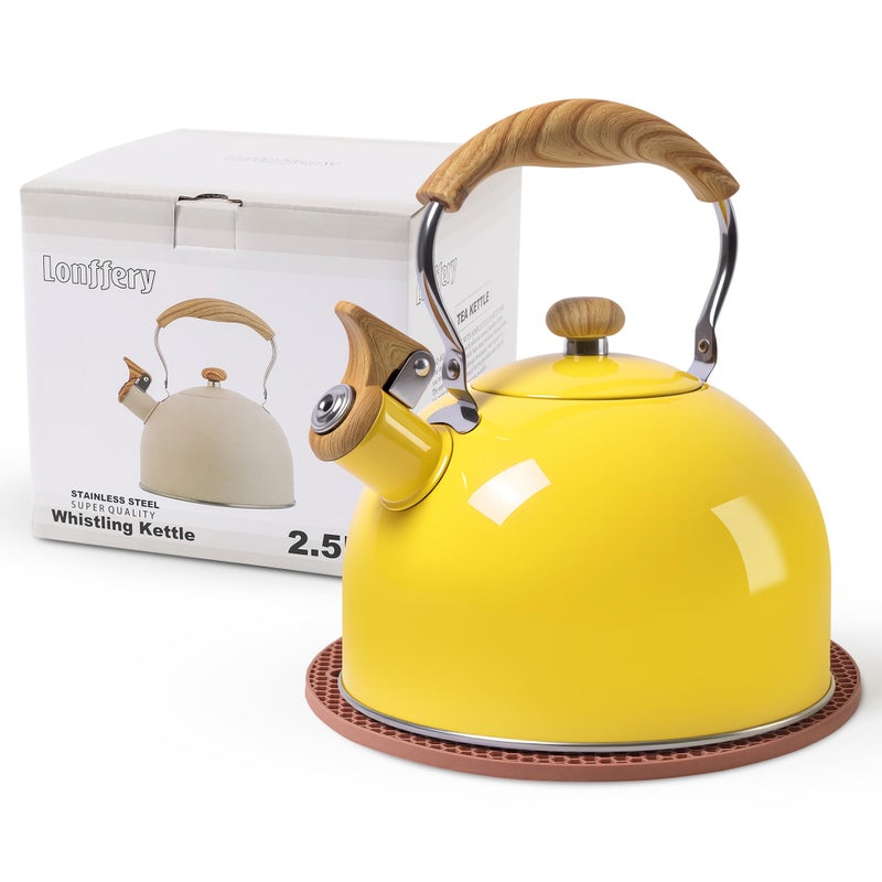 LONFFERY Tea Kettle, 2.5 Quart Whistling Tea Kettle, Tea Pots for Stove Top Food Grade Stainless Steel with Wood Pattern Folding Handle - Yellow - Image 1