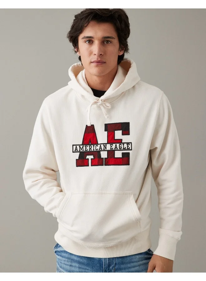 American Eagle Plaid Applique Graphic Drawstring Pullover Hoodie