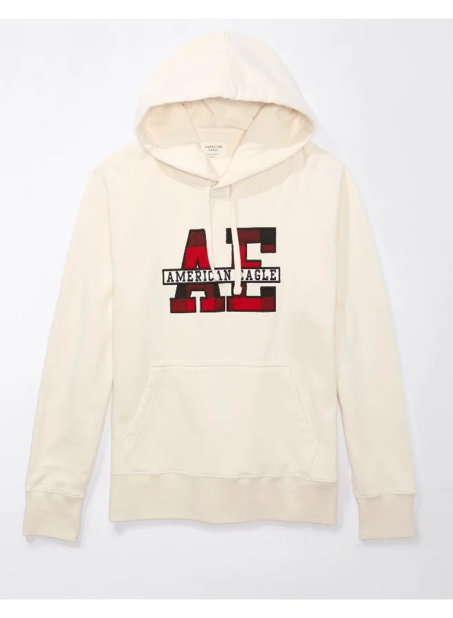 American Eagle Plaid Applique Graphic Drawstring Pullover Hoodie
