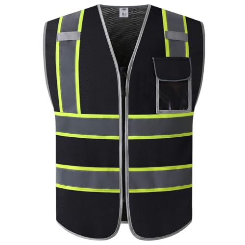 JKSafety Hi-Vis ANSI/ISEA Compliant Reflective Safety Vest for Construction High Visibility PPE for Men and Women Neon Color Safety Apparel for Works (099-Black, M) - Image 1