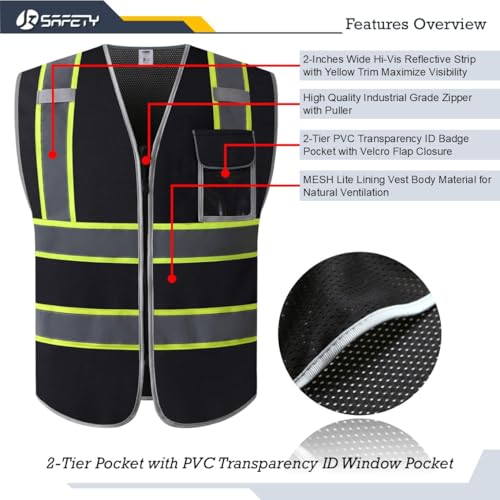 JKSafety Hi-Vis ANSI/ISEA Compliant Reflective Safety Vest for Construction High Visibility PPE for Men and Women Neon Color Safety Apparel for Works (099-Black, M) - Image 2