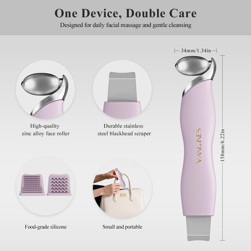 Vangines Blackhead Scraper Tool & Skin Scrubber Face Spatula for Blackhead Removal, Pore Cleaning, with Cooling Ice Roller & 2 Silicone Brush Heads (Berry Mauve) - Image 3