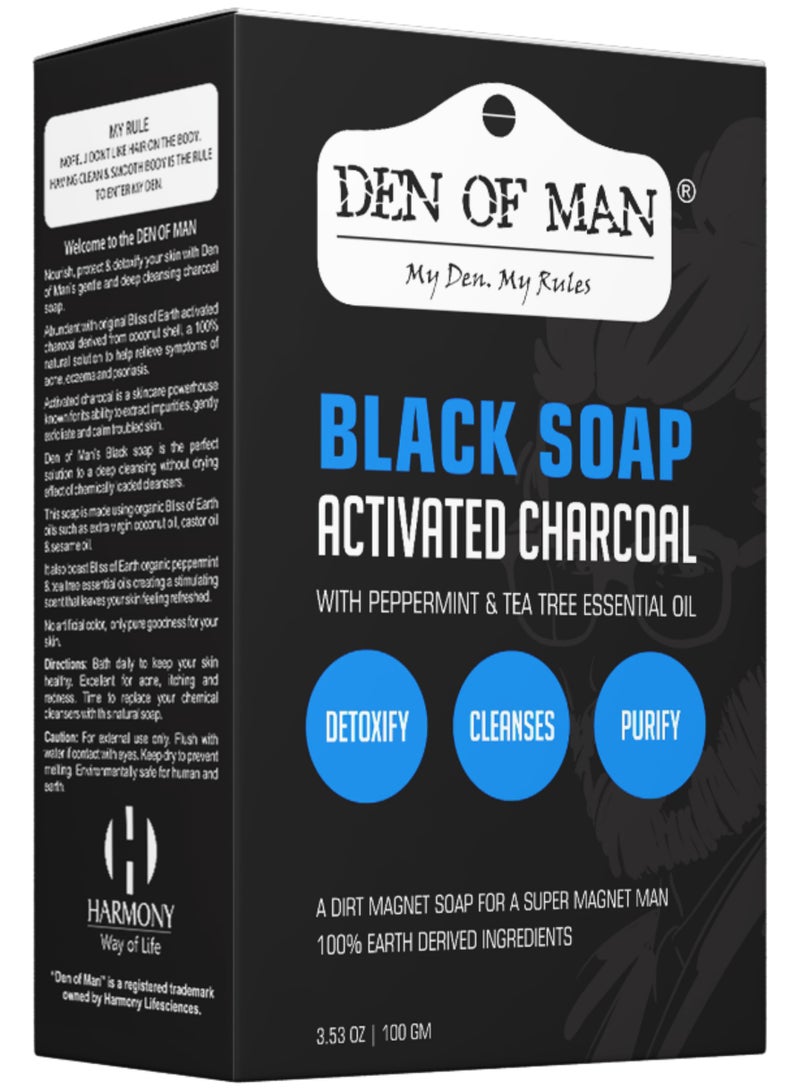 Den of Man Activated Charcoal Black Soap 100g for Men – Charcoal Soap for Face & Body – Acne Soap, Oil Control Soap, Deep Cleansing Detox Bar with Tea Tree Oil & Peppermint – Men Grooming Soap - Image 1