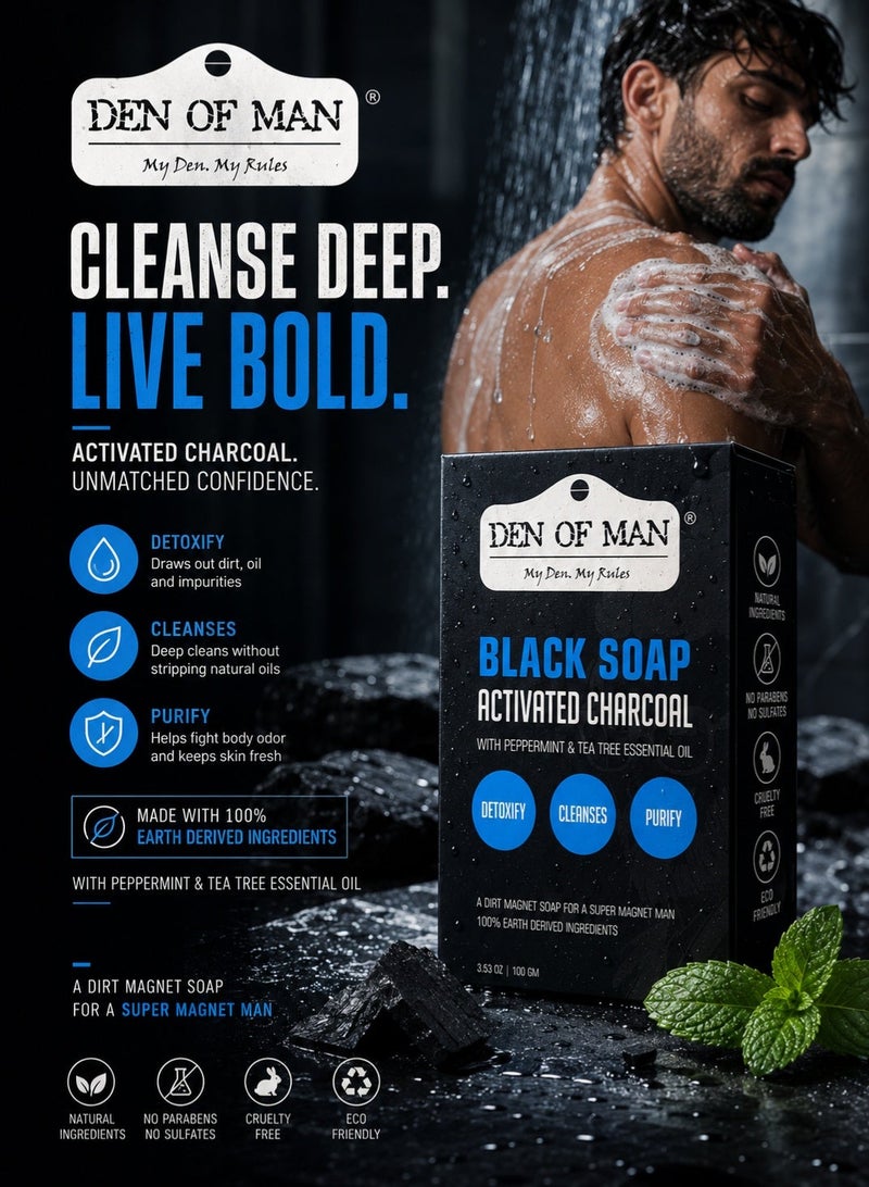 Den of Man Activated Charcoal Black Soap 100g for Men – Charcoal Soap for Face & Body – Acne Soap, Oil Control Soap, Deep Cleansing Detox Bar with Tea Tree Oil & Peppermint – Men Grooming Soap - Image 2