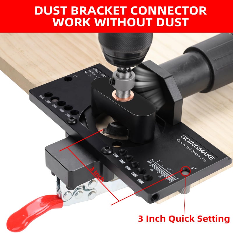 GOINGMAKE Metal Concealed Hinge Jig with Quick Clamp and Dust Vacuum Adapter Concealed Door Hinge Jig 35mm Cabinet Hinge Jig Hinge Hole Drilling Jig for Woodworking Door Cabinet Hinges Mounting Tool - Image 3