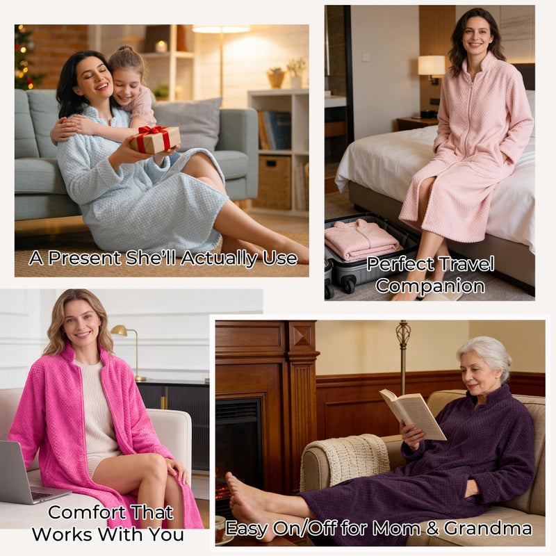HEARTNICE Womens Flannel Zipper Robe, Soft Warm Robes for Women Cozy Long Sleeve Loungewear Luxurious Nightgown with Pockets(Rose,L/XL) - Image 5