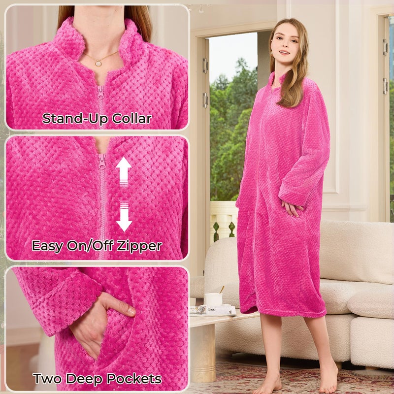HEARTNICE Womens Flannel Zipper Robe, Soft Warm Robes for Women Cozy Long Sleeve Loungewear Luxurious Nightgown with Pockets(Rose,L/XL) - Image 3