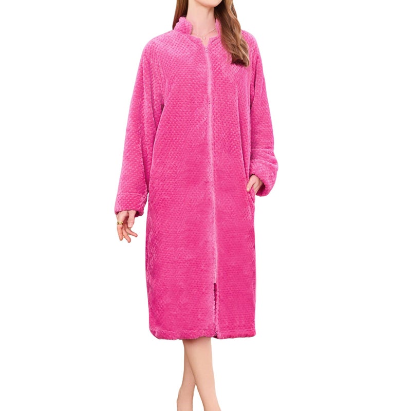 HEARTNICE Womens Flannel Zipper Robe, Soft Warm Robes for Women Cozy Long Sleeve Loungewear Luxurious Nightgown with Pockets(Rose,L/XL) - Image 1