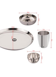MARU MARU 6 Pieces Stainless Steel Dinner Set | Steel bartan Set for Kitchen | 1 Thali, 1 Halwa Plate, 2 Bowls, 1 Glass, 1 Spoon Steel Dinner Set of 6 - Silver (Size 13, 6pcs)  - Image 2