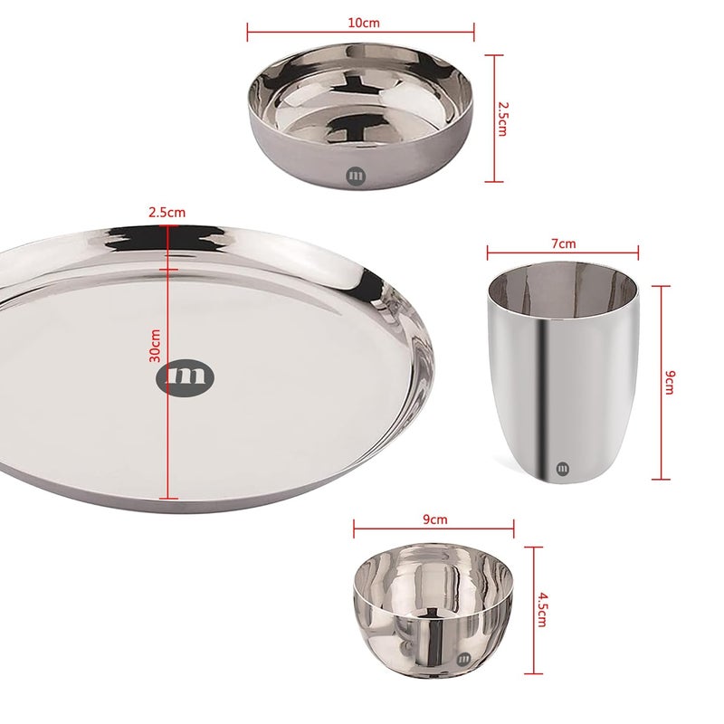 MARU 6 Pieces Stainless Steel Dinner Set | Steel bartan Set for Kitchen | 1 Thali, 1 Halwa Plate, 2 Bowls, 1 Glass, 1 Spoon Steel Dinner Set of 6 - Silver (Size 13, 6pcs) - Image 2