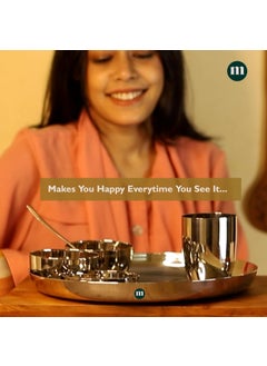 MARU MARU 6 Pieces Stainless Steel Dinner Set | Steel bartan Set for Kitchen | 1 Thali, 1 Halwa Plate, 2 Bowls, 1 Glass, 1 Spoon Steel Dinner Set of 6 - Silver (Size 13, 6pcs)  - Image 3
