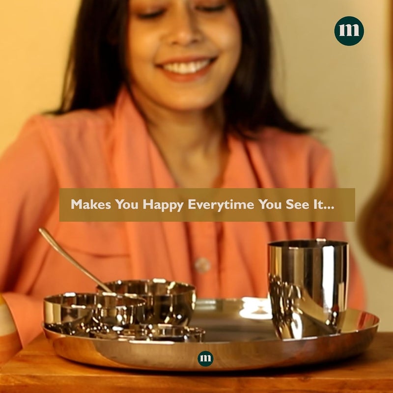 MARU 6 Pieces Stainless Steel Dinner Set | Steel bartan Set for Kitchen | 1 Thali, 1 Halwa Plate, 2 Bowls, 1 Glass, 1 Spoon Steel Dinner Set of 6 - Silver (Size 13, 6pcs) - Image 3