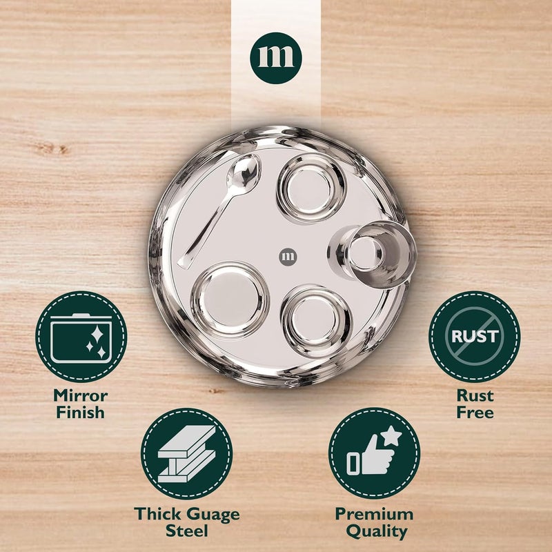 MARU 6 Pieces Stainless Steel Dinner Set | Steel bartan Set for Kitchen | 1 Thali, 1 Halwa Plate, 2 Bowls, 1 Glass, 1 Spoon Steel Dinner Set of 6 - Silver (Size 13, 6pcs) - Image 4
